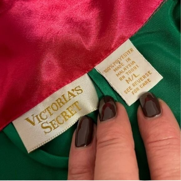 Vintage Victorias Secret Emerald Green & Pink Satin Robe Kimono Style M - Picture 4 of 10